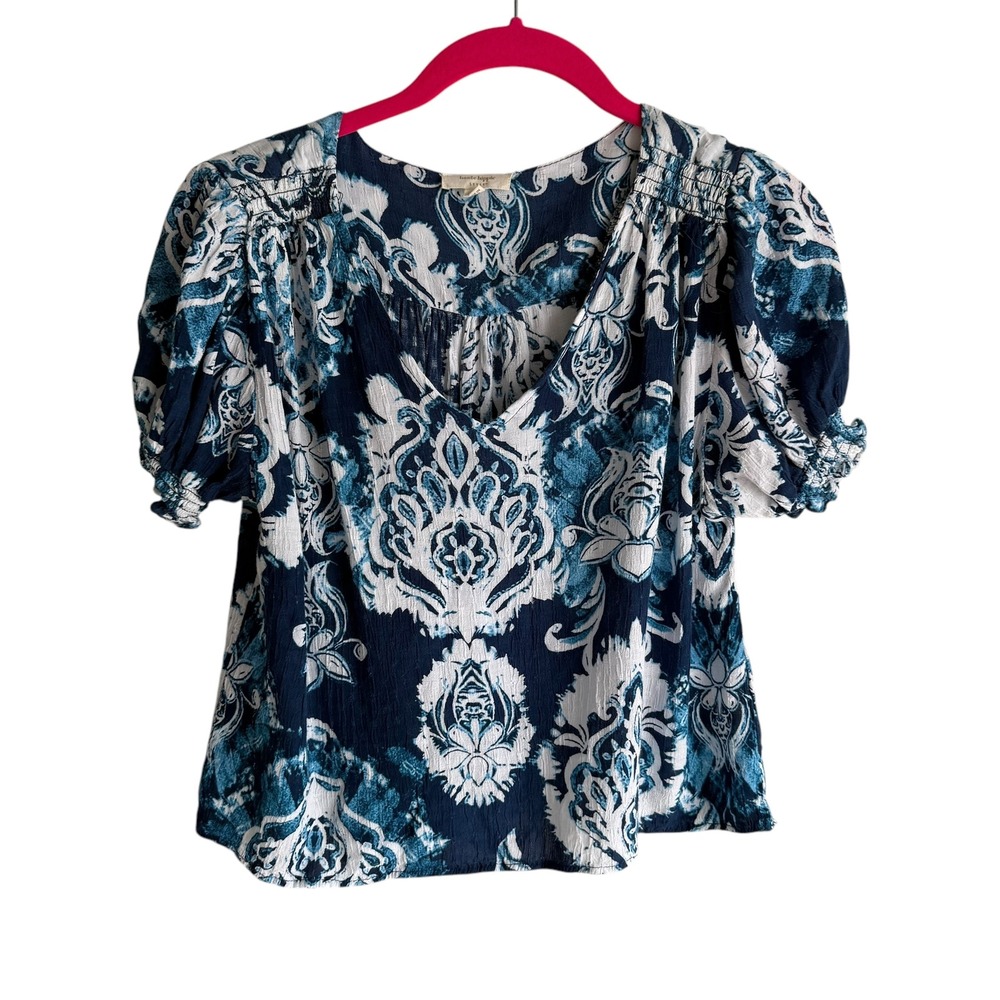 HAUTE HIPPIE White and Blue‎ Puff Sleeve V-Neck Ladies Cropped Top, S